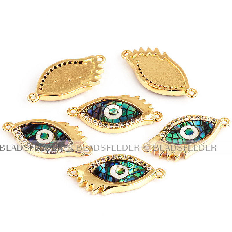 Evil eye connector，with abalone shell chips，clear CZ micro pave , space connector ,22x10mm