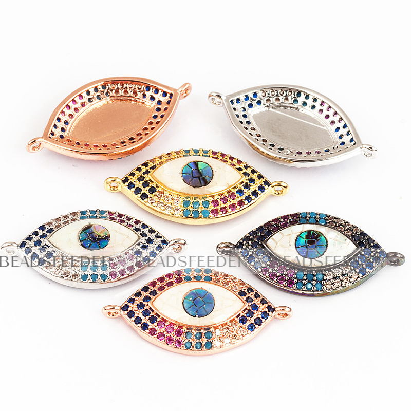 Evil eye connector，with abalone shell chips，clear CZ micro pave , space connector ,25x13mm 1pc