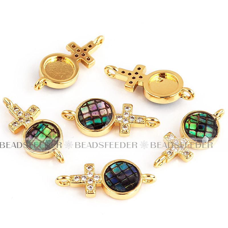 Men's sign link connector，with abalone shell chips，clear cubic zirconia CZ micro pave , space connector ,16.5x7mm