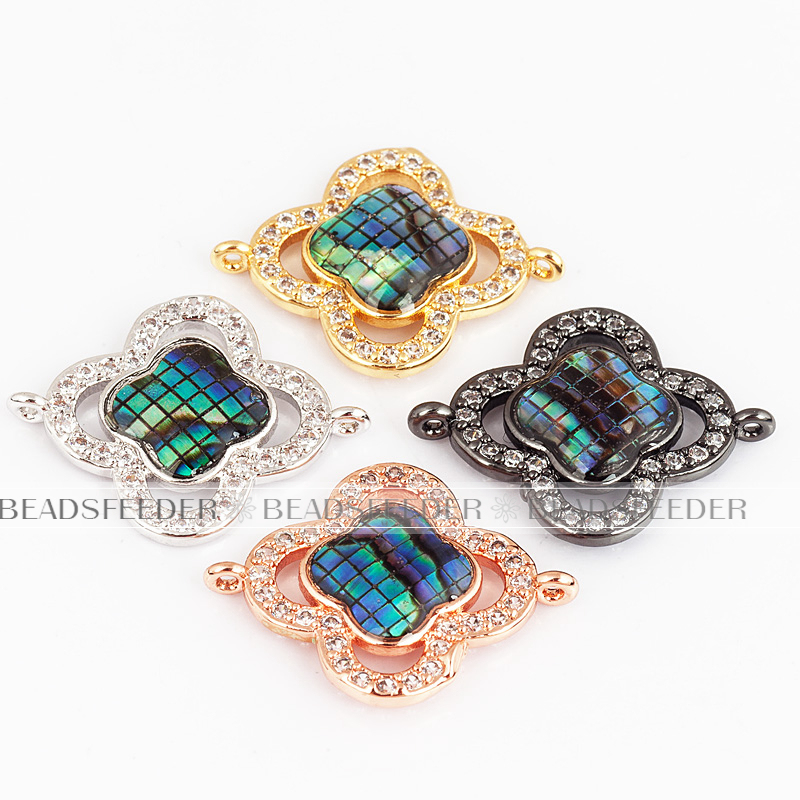Clover flower connector，with abalone shell chips，clear cubic zirconia CZ micro pave , space connector ,22x18mm