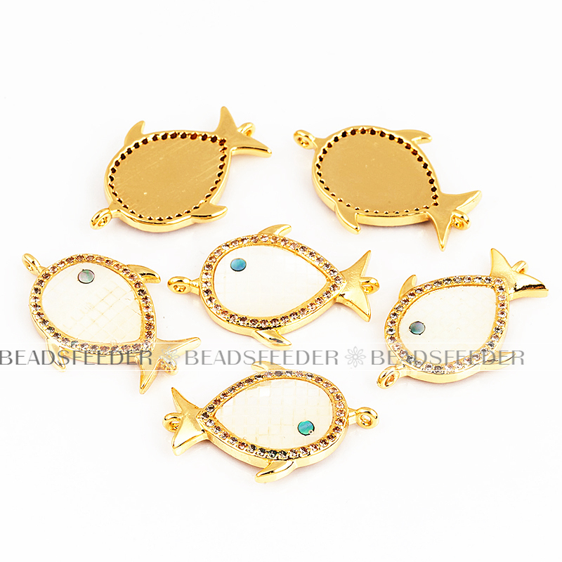 Fish connector，with white abalone shell chips，clear cubic zirconia CZ micro pave , space connector ,24x16.5mm