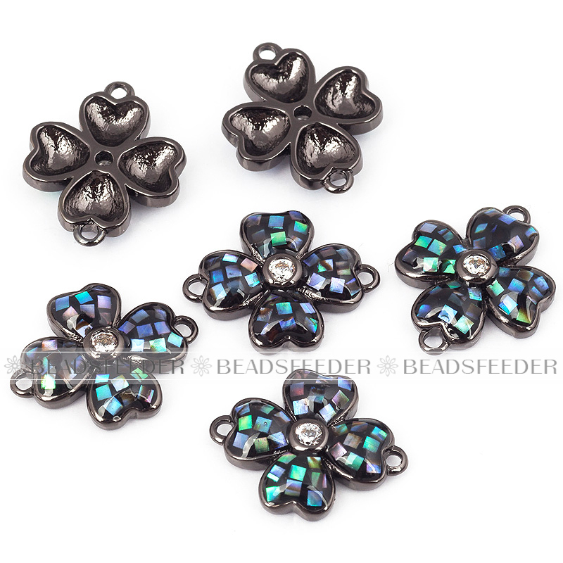 Clover flower connector，with abalone shell chips，clear cubic zirconia CZ micro pave , space connector ,14x12mm