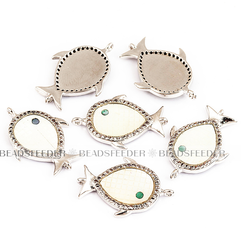Fish connector，with white abalone shell chips，clear cubic zirconia CZ micro pave , space connector ,24x16.5mm