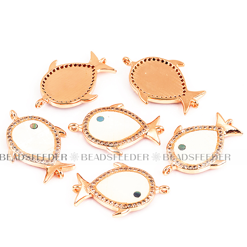 Fish connector，with white abalone shell chips，clear cubic zirconia CZ micro pave , space connector ,24x16.5mm
