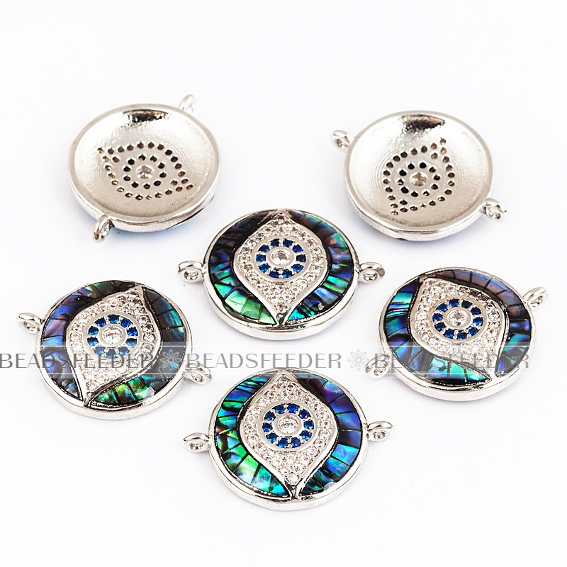 Evil eye connector，with abalone shell chips，clear CZ micro pave , space connector ,20x16mm