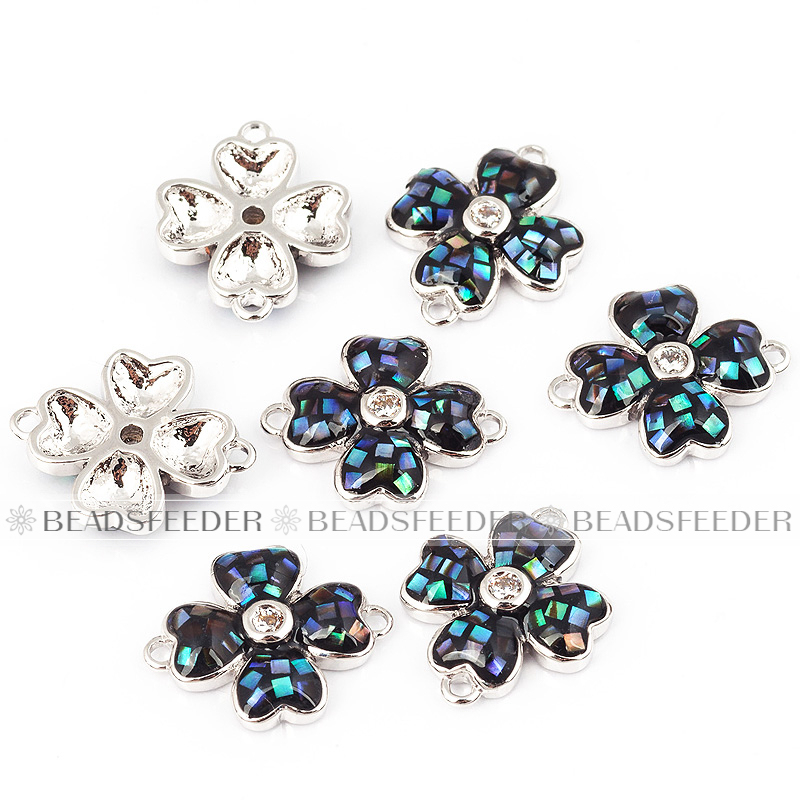 Clover flower connector，with abalone shell chips，clear cubic zirconia CZ micro pave , space connector ,14x12mm