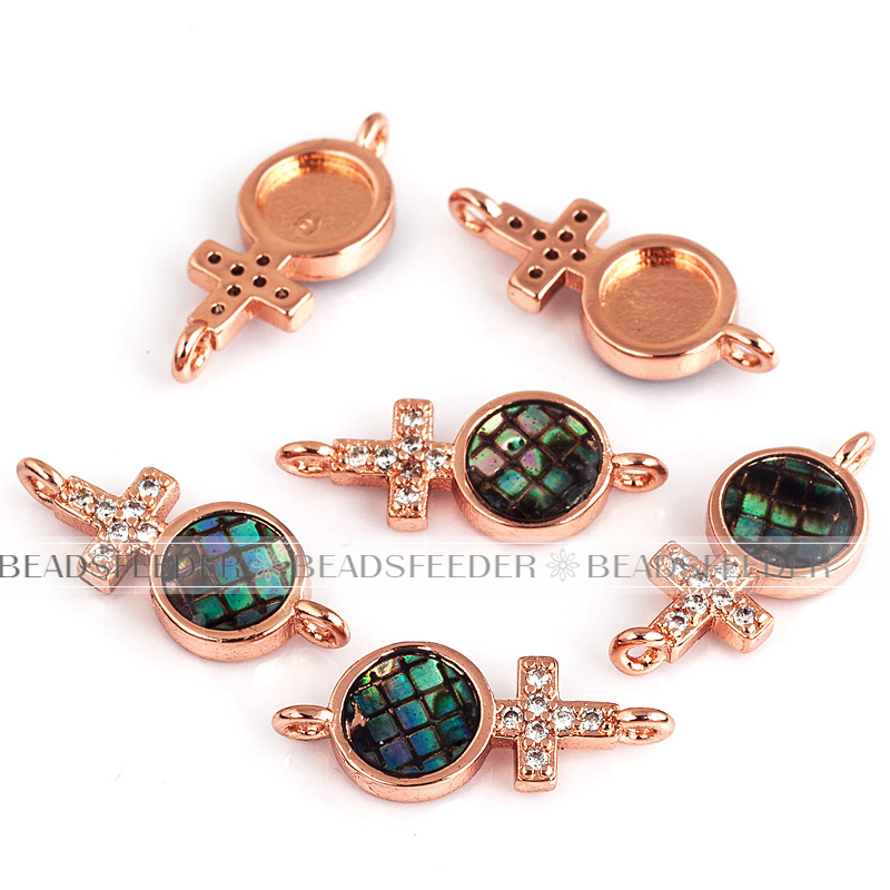 Men's sign link connector，with abalone shell chips，clear cubic zirconia CZ micro pave , space connector ,16.5x7mm