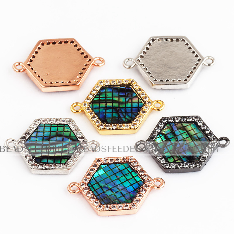 Hexagon shape ring link connector，with abalone shell chips，clear cubic zirconia CZ micro pave , space connector ,19x13mm
