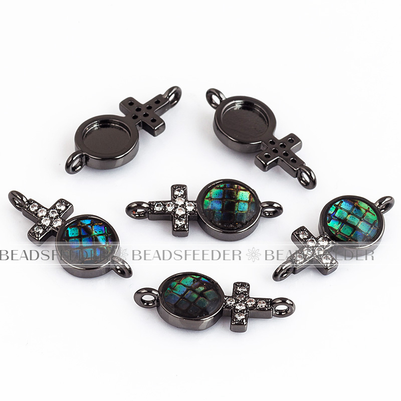 Men's sign link connector，with abalone shell chips，clear cubic zirconia CZ micro pave , space connector ,16.5x7mm