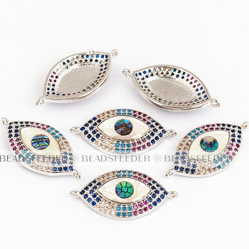 Evil eye connector，with abalone shell chips，clear CZ micro pave , space connector ,25x13mm 1pc