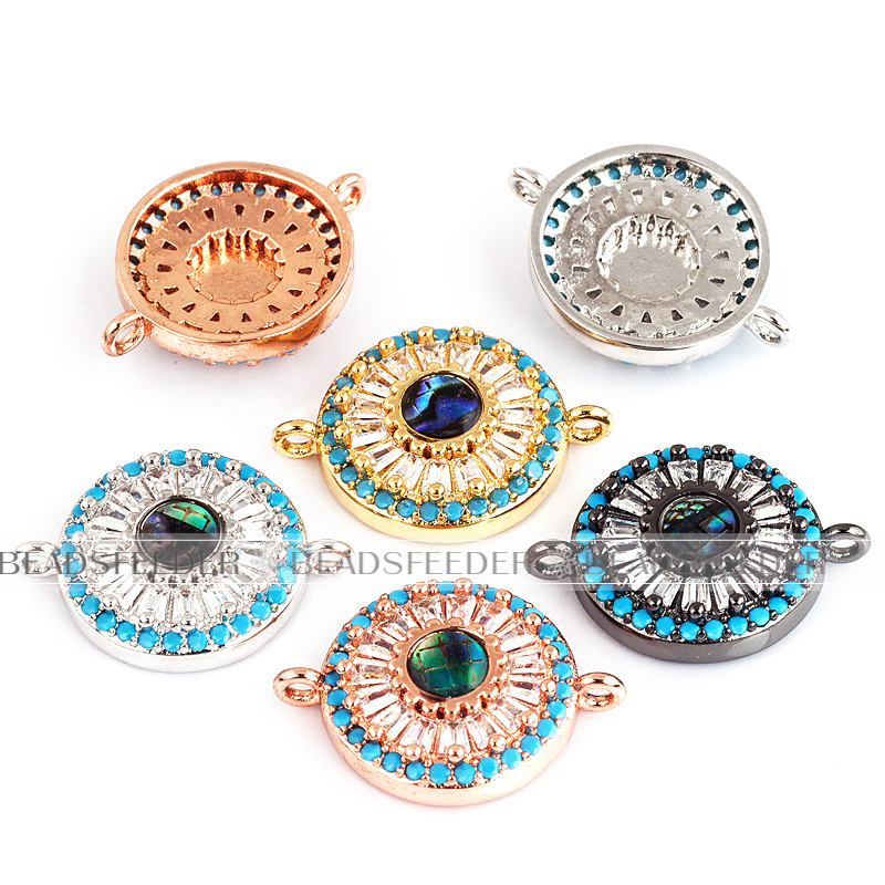 Donut evil eye connector，with abalone shell chips，clear CZ micro pave , space connector ,20x15mm