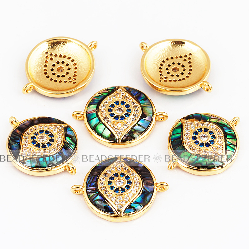 Evil eye connector，with abalone shell chips，clear CZ micro pave , space connector ,20x16mm