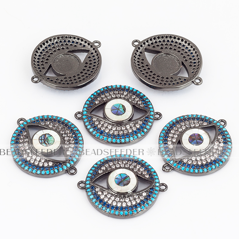 Evil eye connector，with abalone shell chips，clear CZ micro pave , space connector ,24x20mm