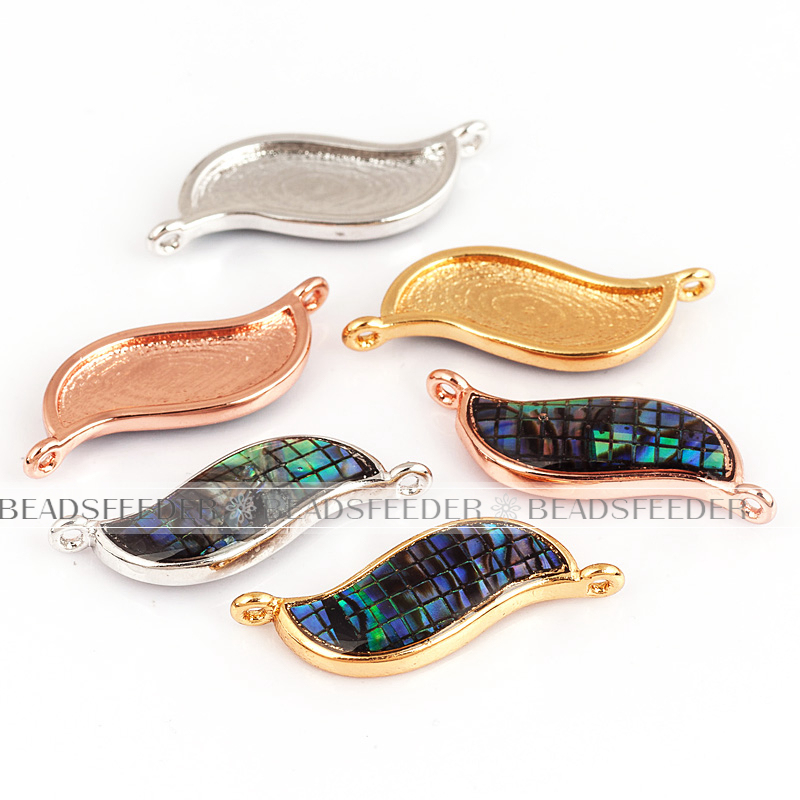 Wavy link connector，with abalone shell chips，clear cubic zirconia CZ micro pave , space connector ,22x8mm
