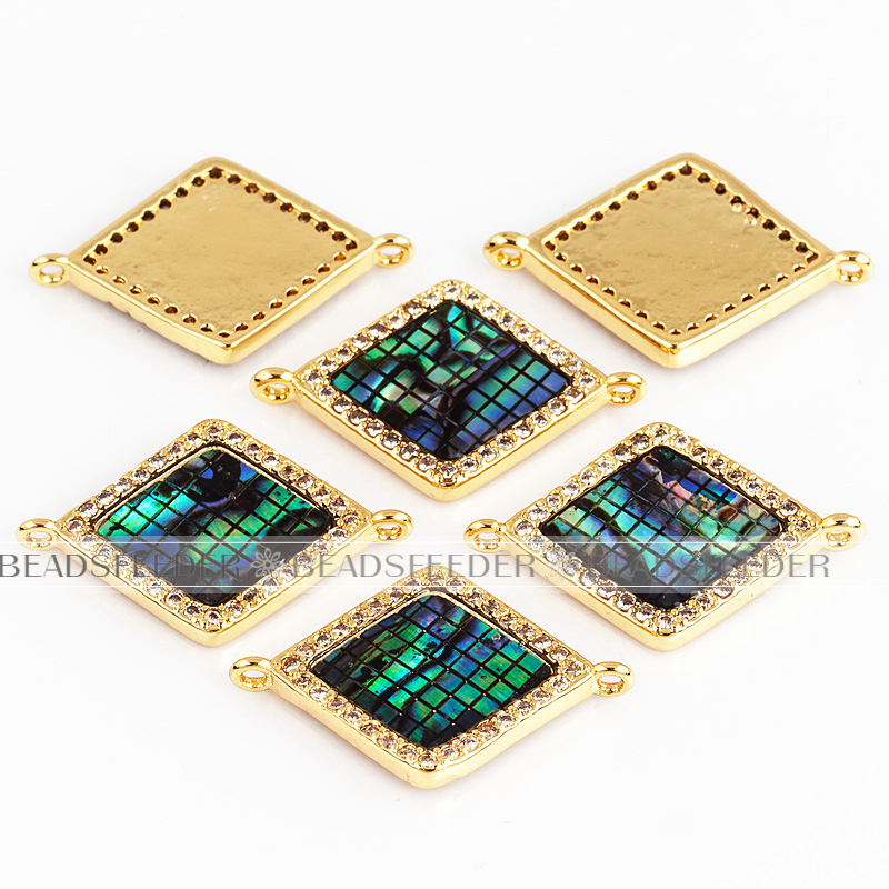 Diamond shape ring link connector，with abalone shell chips，clear cubic zirconia CZ micro pave , space connector ,22.5x15mm