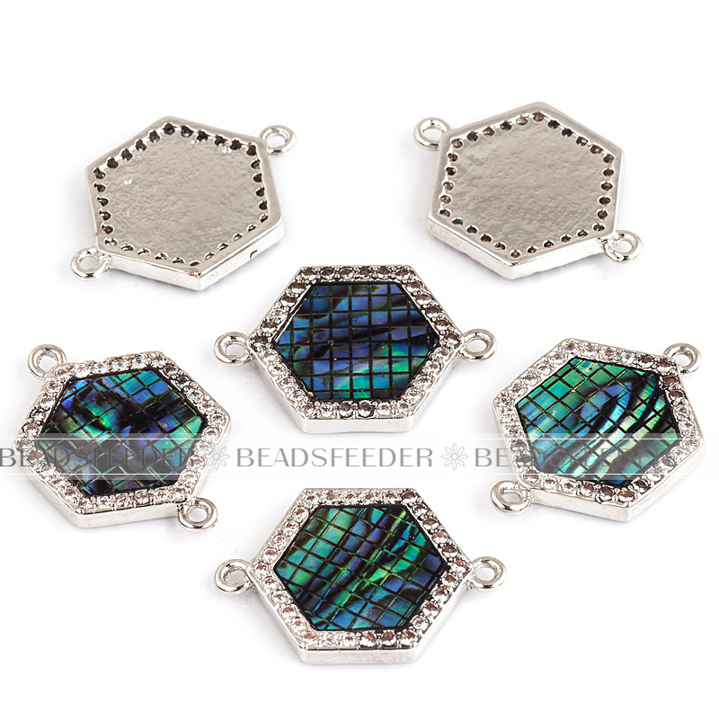 Hexagon shape ring link connector，with abalone shell chips，clear cubic zirconia CZ micro pave , space connector ,19x13mm