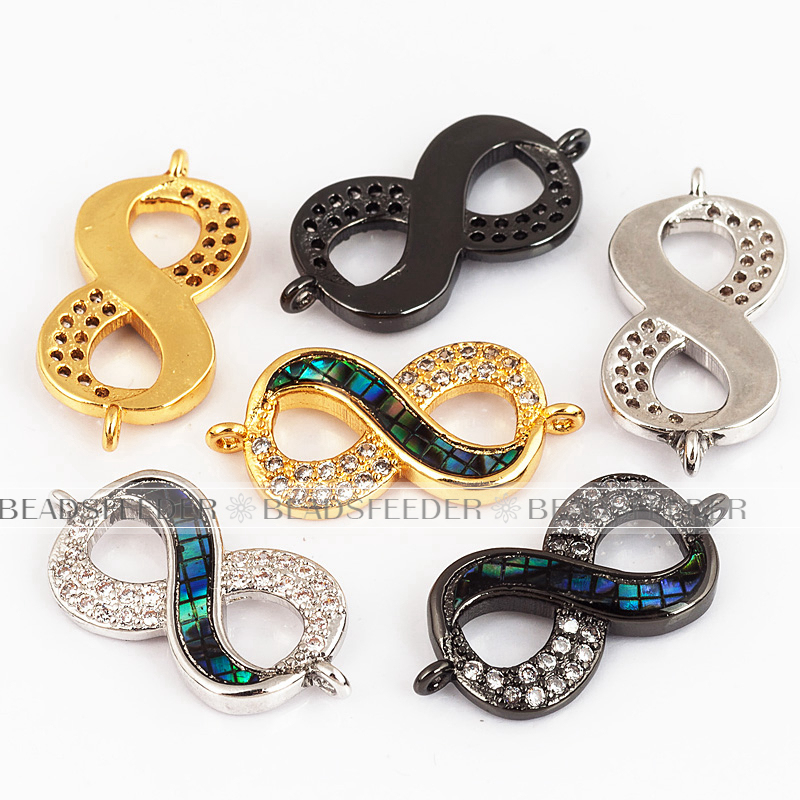 Eternity link connector，with white abalone shell chips，clear cubic zirconia CZ micro pave , space connector ,23x11mm