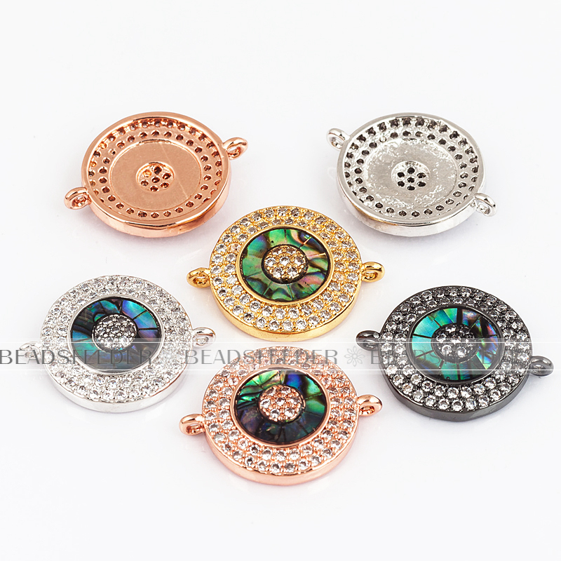 Evil eye connector，with abalone shell chips，clear CZ micro pave , space connector ,19x14.5mm 1pc