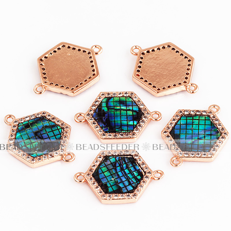 Hexagon shape ring link connector，with abalone shell chips，clear cubic zirconia CZ micro pave , space connector ,19x13mm