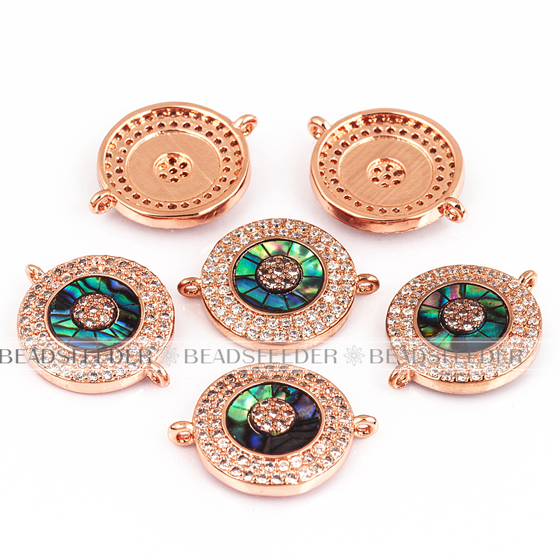 Evil eye connector，with abalone shell chips，clear CZ micro pave , space connector ,19x14.5mm 1pc