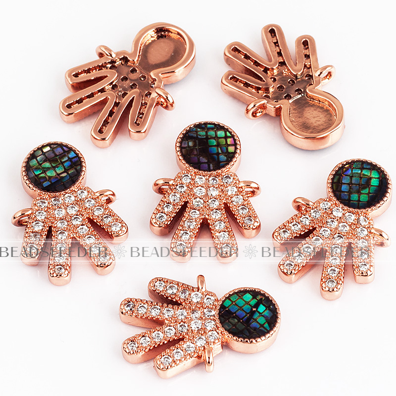 Family boy connector，with abalone shell chips，clear cubic zirconia CZ micro pave , space connector ,12.5x16mm