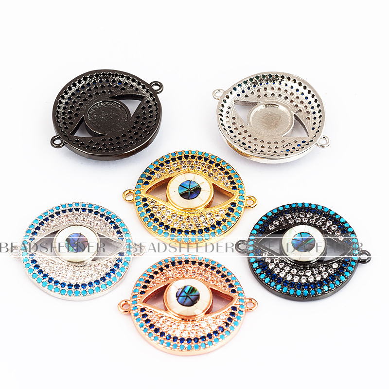 Evil eye connector，with abalone shell chips，clear CZ micro pave , space connector ,24x20mm