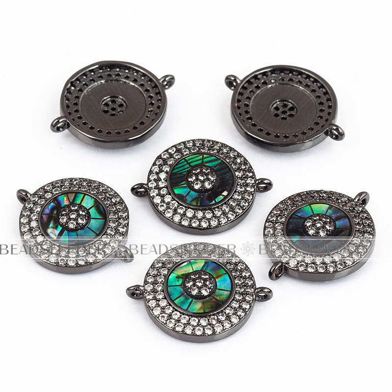Evil eye connector，with abalone shell chips，clear CZ micro pave , space connector ,19x14.5mm 1pc