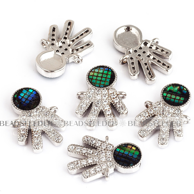 Family boy connector，with abalone shell chips，clear cubic zirconia CZ micro pave , space connector ,12.5x16mm