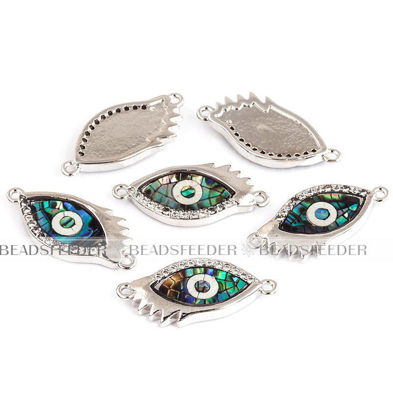 Evil eye connector，with abalone shell chips，clear CZ micro pave , space connector ,22x10mm