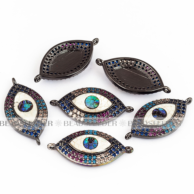 Evil eye connector，with abalone shell chips，clear CZ micro pave , space connector ,25x13mm 1pc