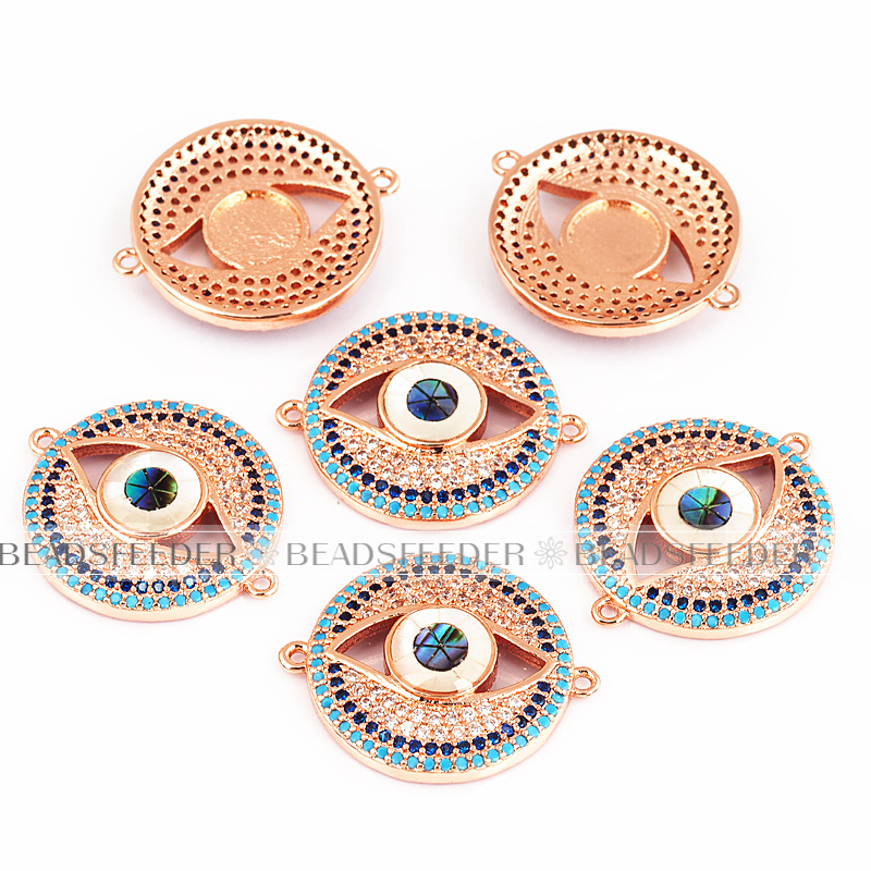 Evil eye connector，with abalone shell chips，clear CZ micro pave , space connector ,24x20mm