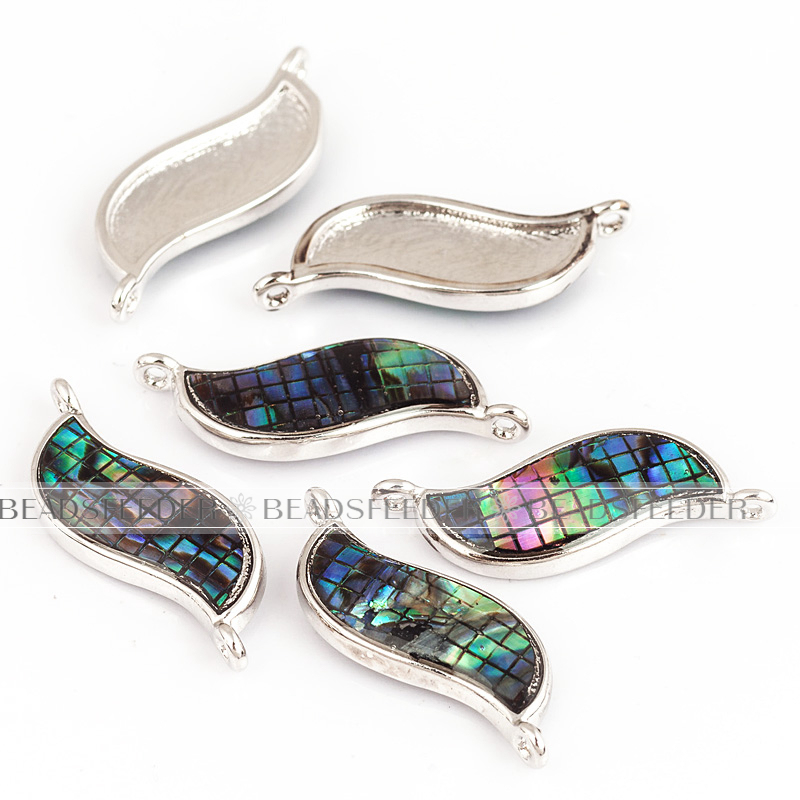 Wavy link connector，with abalone shell chips，clear cubic zirconia CZ micro pave , space connector ,22x8mm