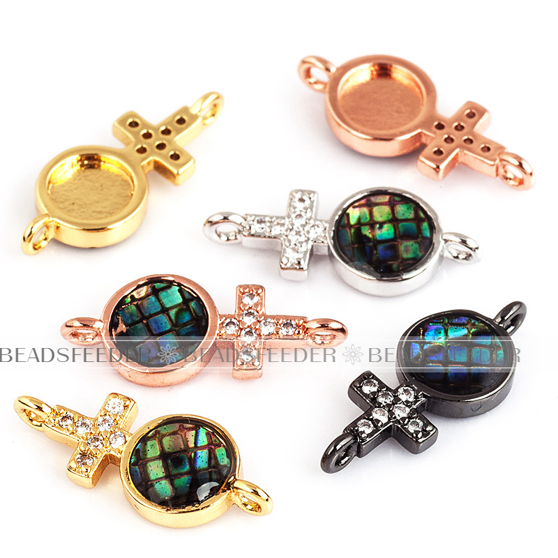 Men's sign link connector，with abalone shell chips，clear cubic zirconia CZ micro pave , space connector ,16.5x7mm