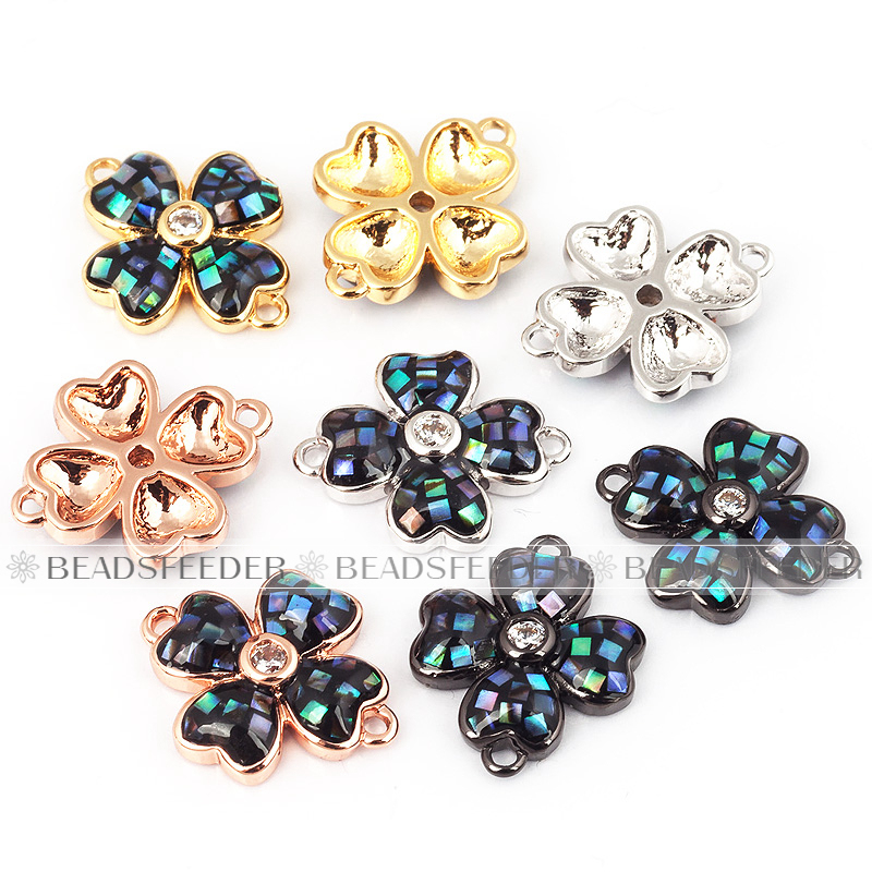 Clover flower connector，with abalone shell chips，clear cubic zirconia CZ micro pave , space connector ,14x12mm