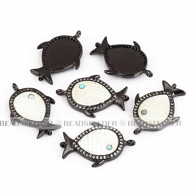 Fish connector，with white abalone shell chips，clear cubic zirconia CZ micro pave , space connector ,24x16.5mm