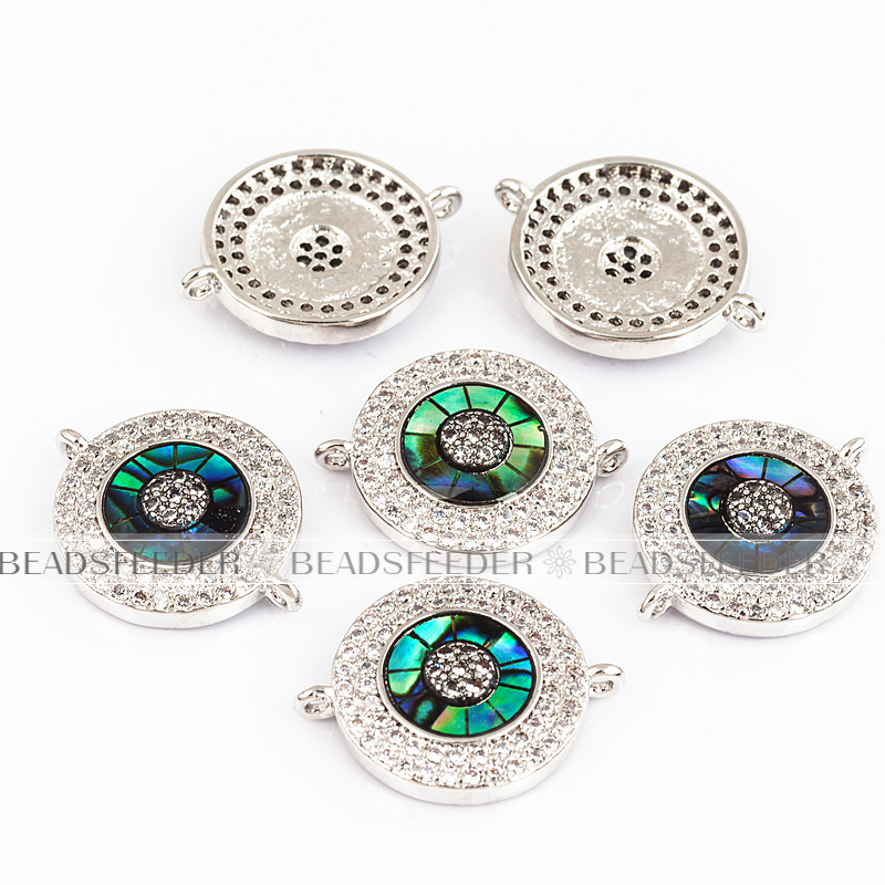 Evil eye connector，with abalone shell chips，clear CZ micro pave , space connector ,19x14.5mm 1pc