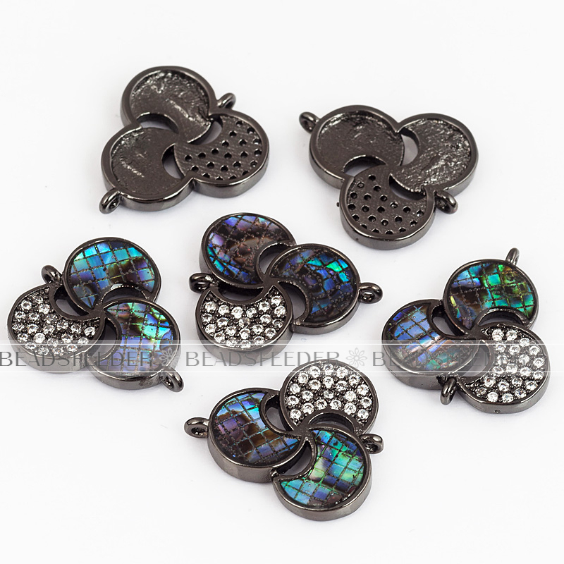 Three leaf flower connector，with abalone shell chips，clear cubic zirconia CZ micro pave , space connector ,18x16mm 1pc