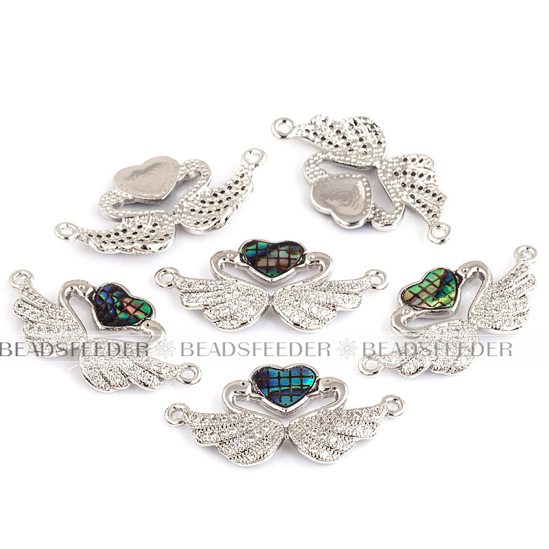 Twin swan with heart connector，with abalone shell chips，clear cubic zirconia CZ micro pave , space connector ,28x14mm