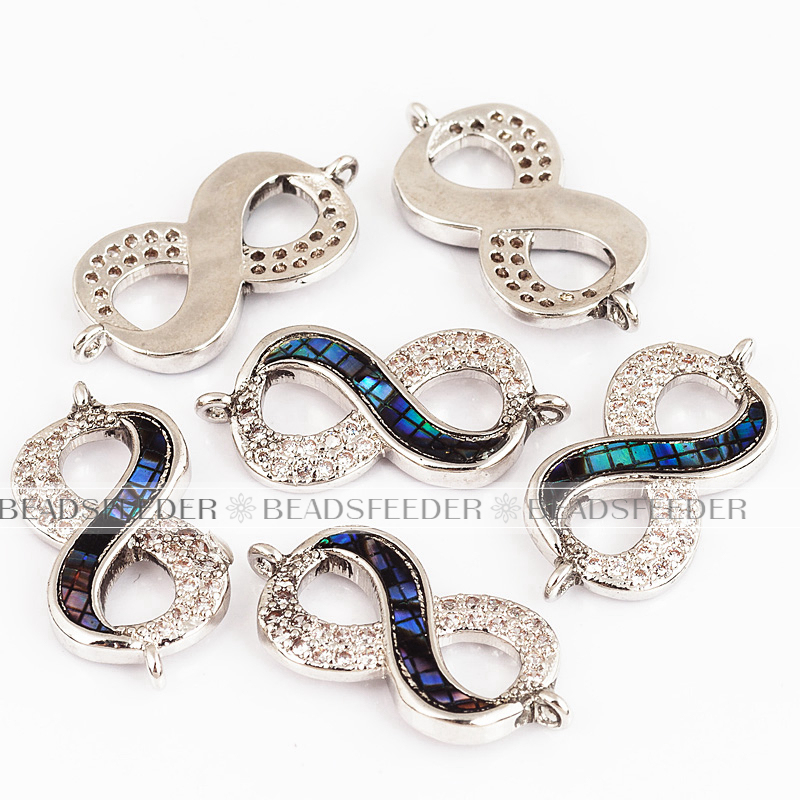 Eternity link connector，with white abalone shell chips，clear cubic zirconia CZ micro pave , space connector ,23x11mm