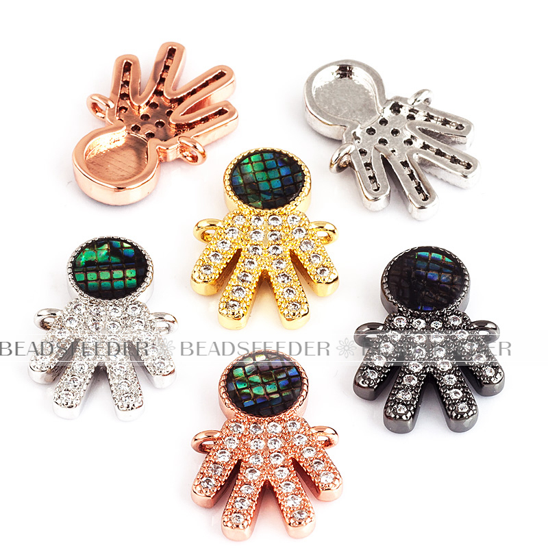 Family boy connector，with abalone shell chips，clear cubic zirconia CZ micro pave , space connector ,12.5x16mm