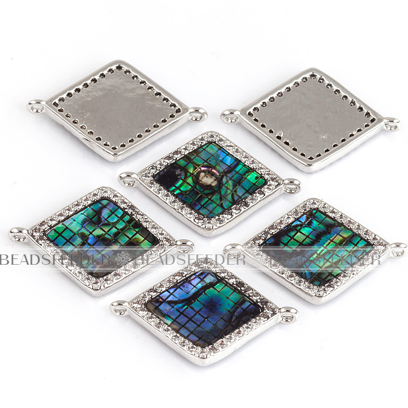 Diamond shape ring link connector，with abalone shell chips，clear cubic zirconia CZ micro pave , space connector ,22.5x15mm