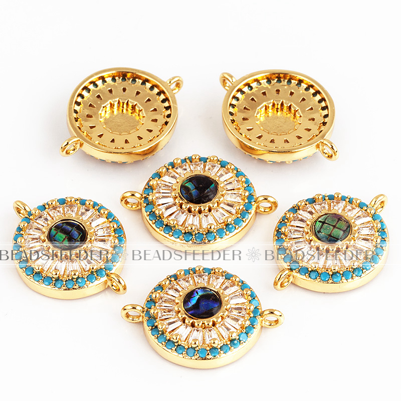 Donut evil eye connector，with abalone shell chips，clear CZ micro pave , space connector ,20x15mm