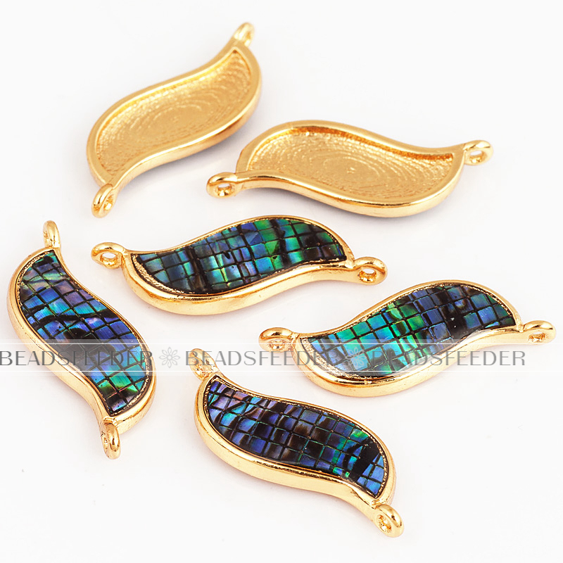 Wavy link connector，with abalone shell chips，clear cubic zirconia CZ micro pave , space connector ,22x8mm