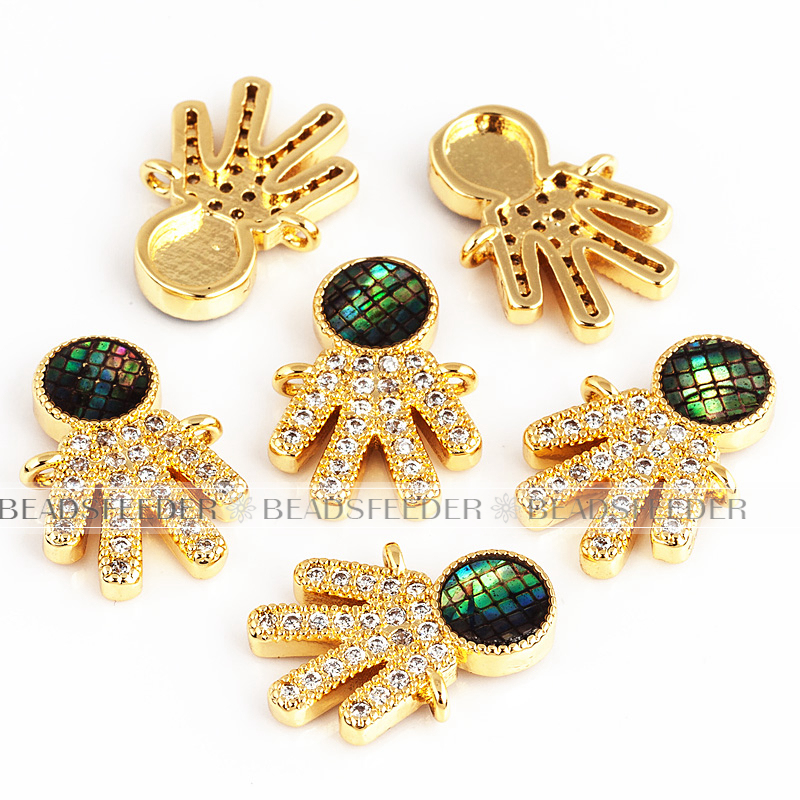 Family boy connector，with abalone shell chips，clear cubic zirconia CZ micro pave , space connector ,12.5x16mm