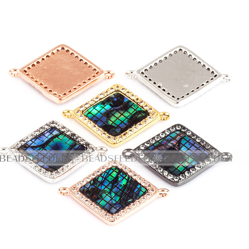 Diamond shape ring link connector，with abalone shell chips，clear cubic zirconia CZ micro pave , space connector ,22.5x15mm