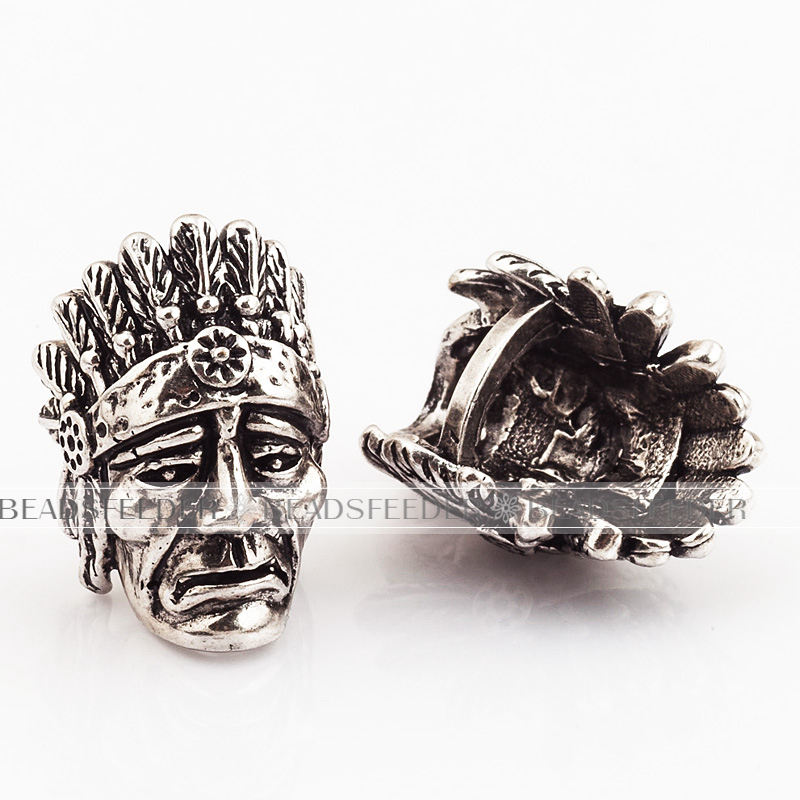 Indian Chief Head Bead,antique style 550 Paracord Bead Skull Charm,fit for EDC Survival Bracelet Lanyard,22x15x13mm