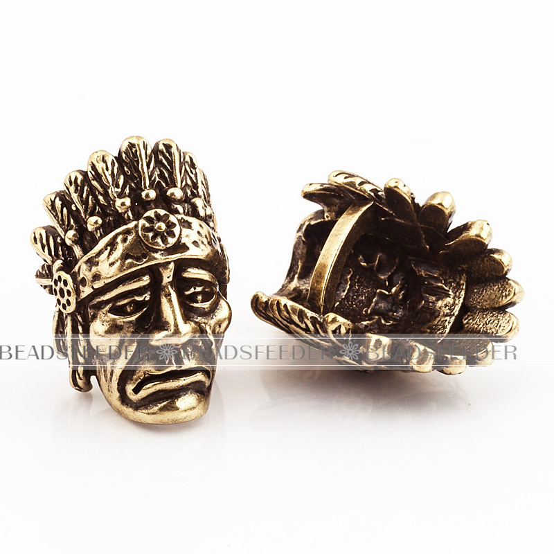 Indian Chief Head Bead,antique style 550 Paracord Bead Skull Charm,fit for EDC Survival Bracelet Lanyard,22x15x13mm