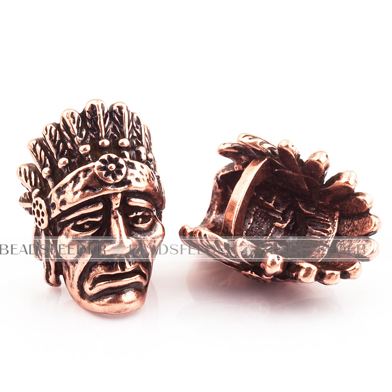 Indian Chief Head Bead,antique style 550 Paracord Bead Skull Charm,fit for EDC Survival Bracelet Lanyard,22x15x13mm