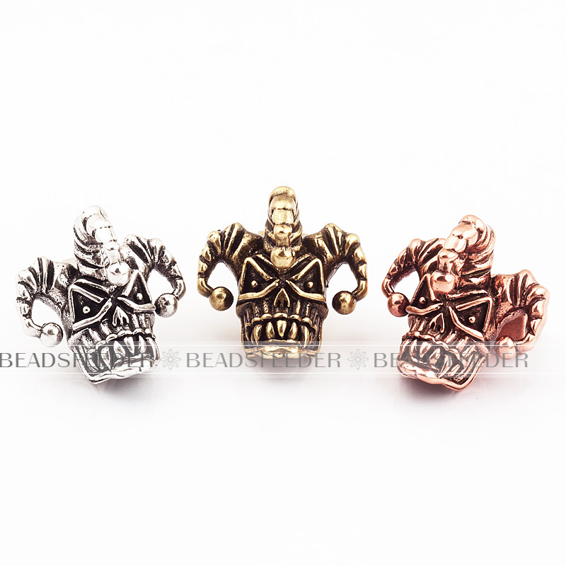 Clown Skull Bead,black CZ paved,antique style Paracord Bead Skull Charm,fit for EDC Survival Bracelet Lanyard,22x22x20mm