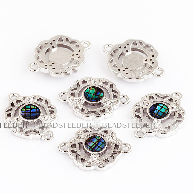 Hallow flower connector，with abalone shell chips，clear cubic zirconia CZ micro pave , space connector ,18x13x3mm 1pc